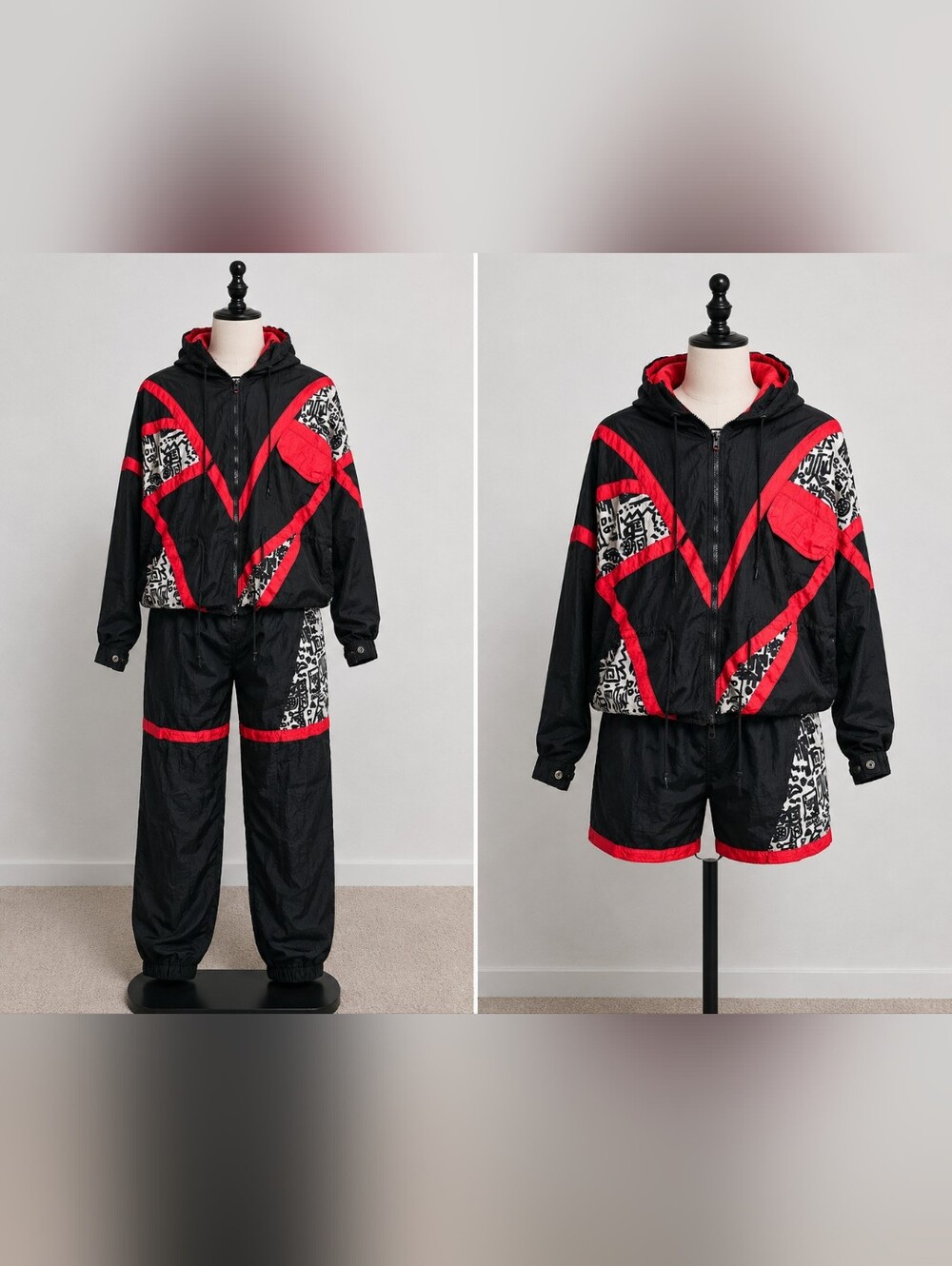 Vintage 80s 90s Windbreaker Tracksuit Set Black Red S/M